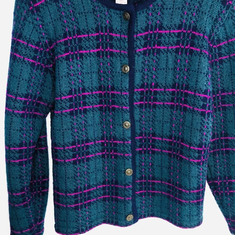 Vtg 90s SUSAN BRISTOL Dark Green Wool Button Up Plaid Cardigan Sweater S Women - Picture 4 of 5